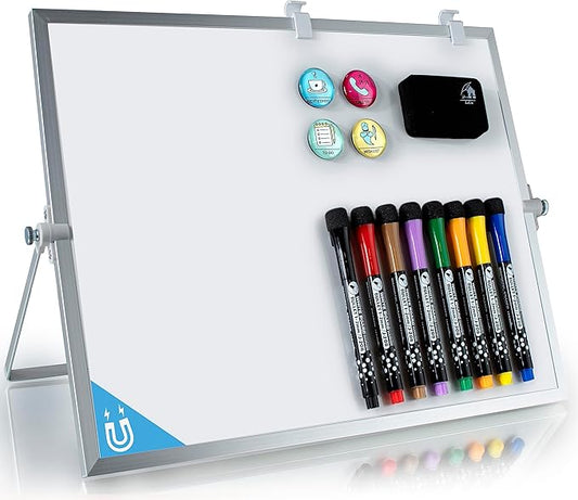 12x16 Magnetic Dry Erase Whiteboard – Double-Sided Desktop Board with Stand, 8 Markers, 4 Glass Magnets, Eraser, Marker Holder – Portable Wipe Off Board for Desk, Wall, School, Home