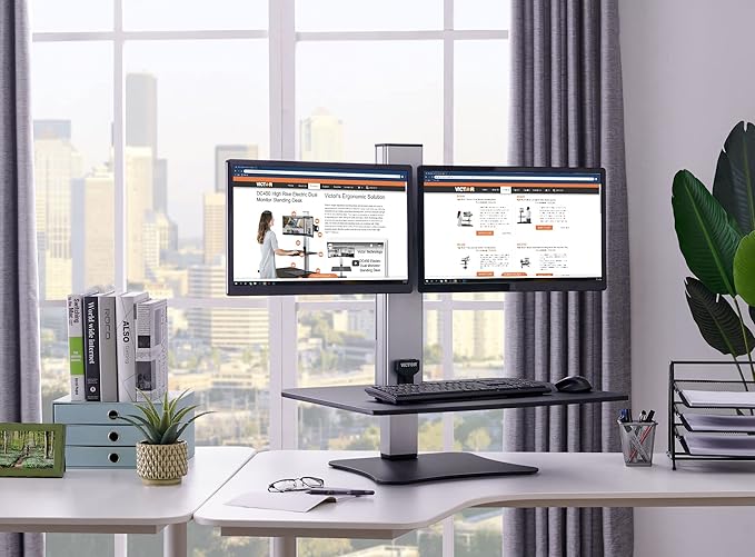 Victor Dual Monitor Electric Standing Desk Workstation, Height Adjustable Sit-Stand Converter with Dual Monitor Support, 28″ x 23″ Work Surface (DC450)