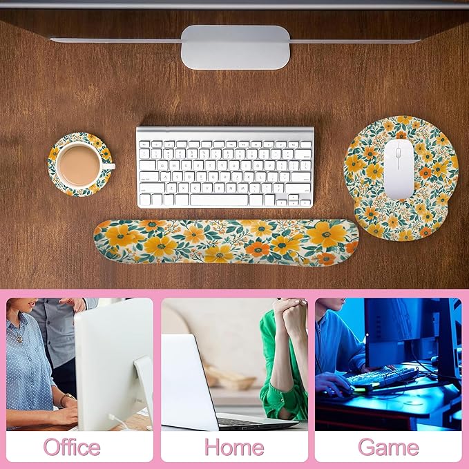Wildflowers Spring Flowers Plants Mouse Pad with Wrist Rest and Keyboard Wrist Rest Set, Non-Slip Rubber Base Memory Foam Mouse Pad Set for Women, Office Desk Accessories, Gaming