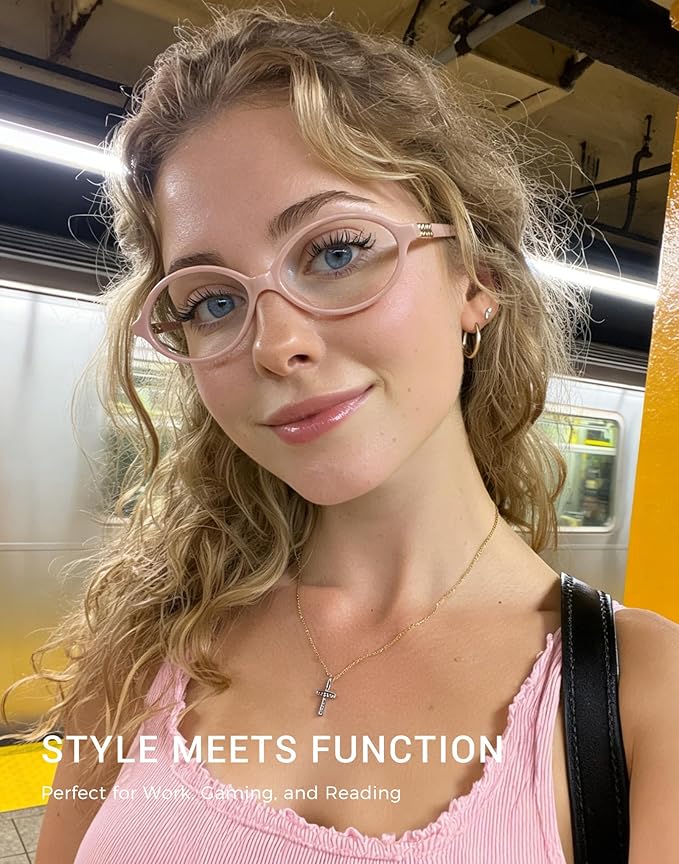 Slocyclub Fashion Oval Blue Light Blocking Glasses for Women Men Vintage Oval Small Frame Eyeglasses Retro Glasses, Pink