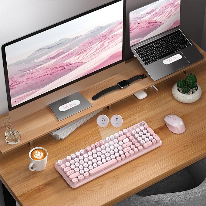 Wireless Keyboard and Mouse Combo, Full-Size Retro Typewriter Keyboard Style, 2.4GHz USB Receiver, Plug-and-Play, Keyboard Mouse Set for Computer, Laptop, Windows, Mac, and PC (Pink)