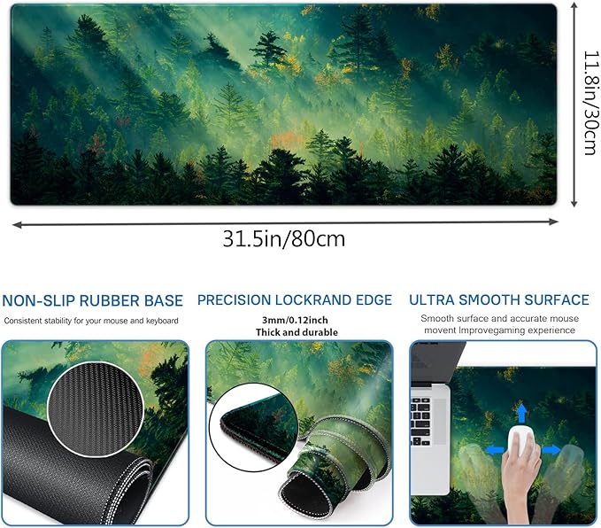 Galdas Mouse Pad,Office Desk Mat Large Gaming Keyboard Pad Durable Stitched Edges Washable Smooth Surface Control & Accuracy Extended Computer Mouse Mat (31.5X11.8In)-Green Forest…