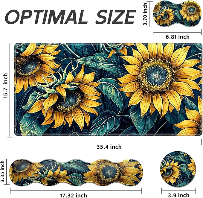 Gaming Mouse Pad Set, Sunflowers Pattern Large Desk Mat Mousepad, Keyboard Wrist Support, Mouse Wrist Rest, Coaster 4in1 Ergonomic Memory Foam, Non-Slip Stitched Edge for Home Office