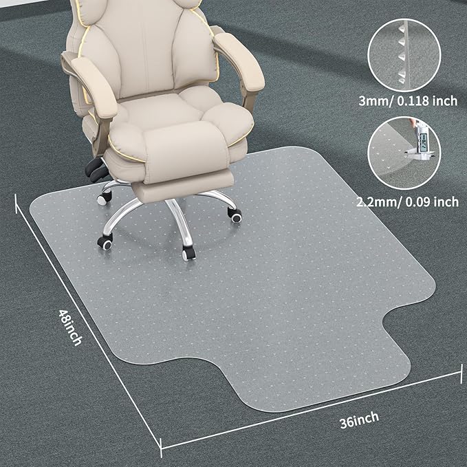 Office Chair Mat for Carpet, Desk Chair Mats for Carpet Floors, Clear Rolling Computer Chair Mat with Non-Slip Studded for Home and Office Low Pile Carpets(36" X 48'' X 0.09" with Lip)