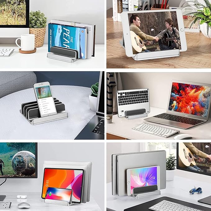 Vertical Laptop Stand [Updated Version],3-Slot Desktop Stand Holder with Adjustable Dock,4 in 1 Design Aluminum Space-Saving Laptop Stand for Desk MacBook/Surface/Samsung/HP/Dell/Chrome Book (Silver)
