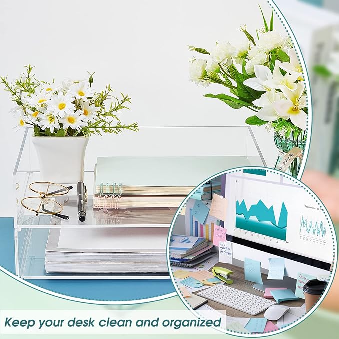 Yulejo 2 Pcs Stackable Acrylic Desk Organizers Paper Tray Storage Tier Accessories Paper File Office Organizer Tray Stackable Document Clear Desk Accessories for Office Workspace Organization