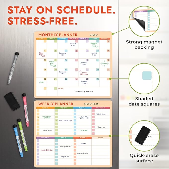 Magnetic Whiteboard Calendar for Fridge – 2-Pack Monthly & Weekly Planners (14”x12”) – Dry Erase Boards with Notes Section, Shaded Dates – Includes 4 Markers & Magnetic Eraser