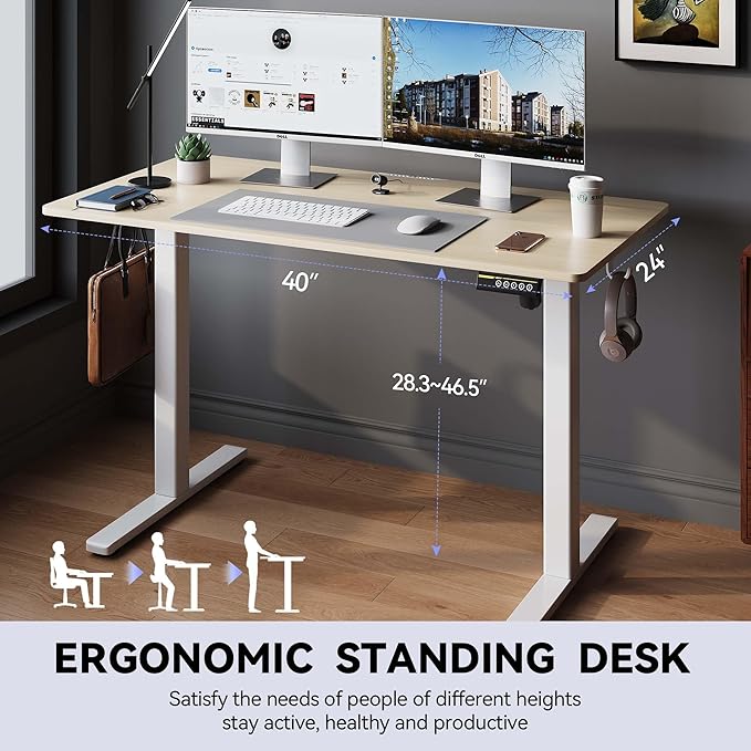 Electric Standing Desk,40x24 Inches Adjustable Height Stand up Desk, Sit Stand Home Office Desk with Splice Board, 3 Preset Heights,Equipped with Hooks,Ergonomic Computer Workstation，Nature