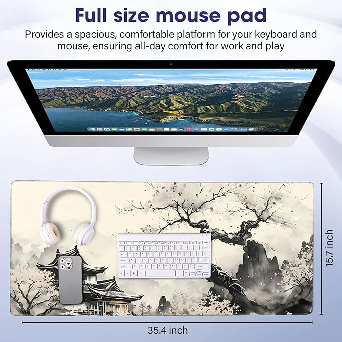 Full Desk Mouse Pad with Stitched Edges, 35.4” x 15.6” Waterproof Surface & Non-Slip Rubber Base – Ideal for Gaming, Office and Home