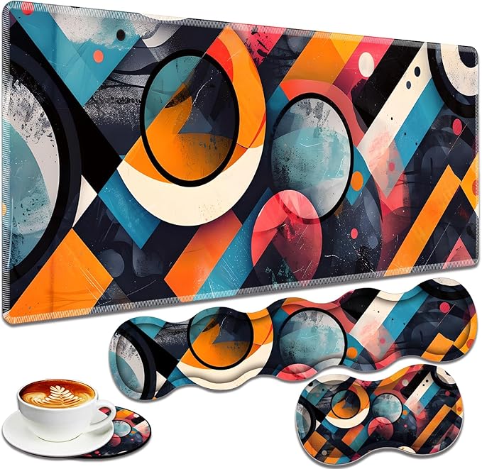 Large Gaming Mouse Pad + Keyboard Wrist Rest + Wrist Support + Coaster Set, Memory Foam Ergonomic for Easy Typing, XXL Extended Gaming Mouse Pad Table Pad - Abstract Geometric Pattern