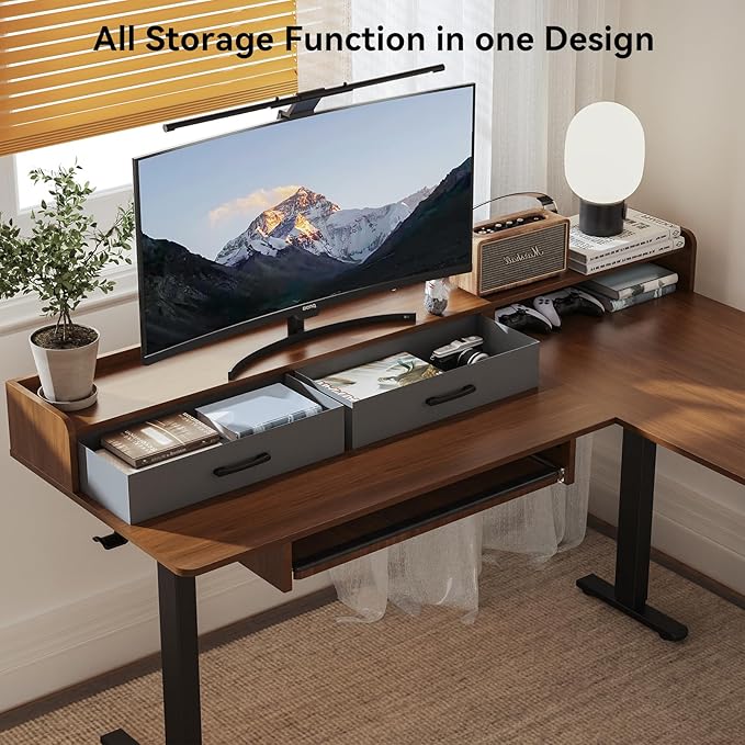 63 Inches Height Adjustable L Shaped Standing Desk with 2 Drawers and Keyboard Tray, Electric Sit to Stand Home Office Comupter Table, Ergonomic Corner Gaming Desk, Black Walnut