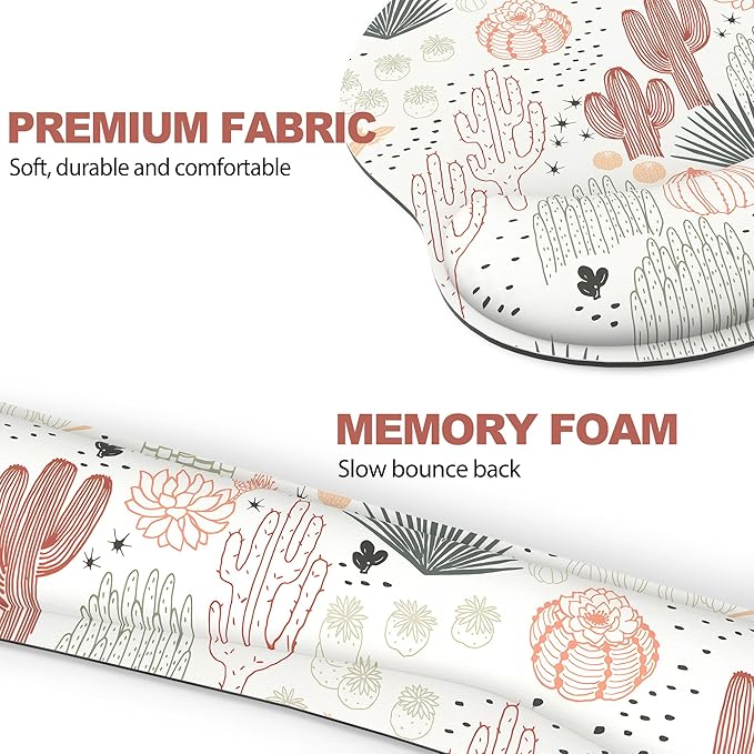 Ergonomic Mouse Pad with Wrist Rest and Keyboard Wrist Rest, Mousepad and Wrist Rest for Computer Keyboard, Pain Relief, Non-Slip Rubber Base, Mouse Pad with Wrist Support for Gaming, Office, Cactus
