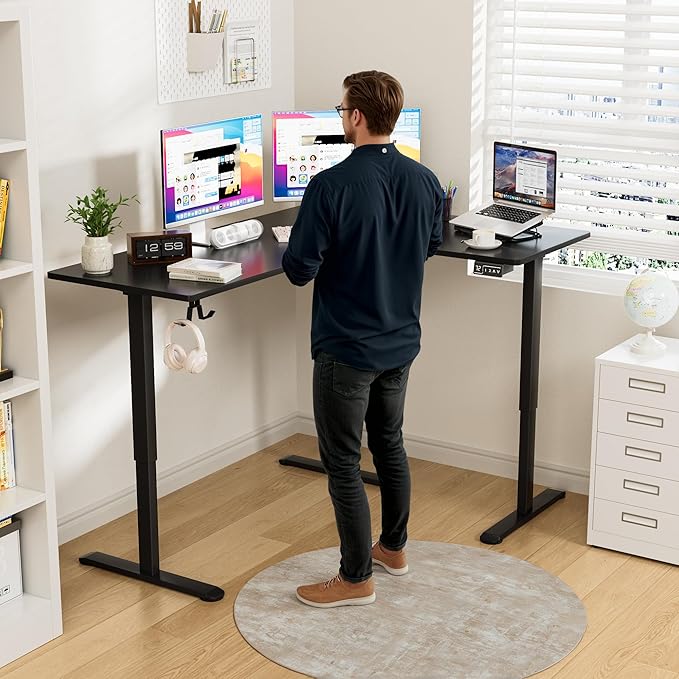 Furmax 63 x 48 Inch L Shaped Standing Desk with 2 Preset Heights, Electric Height Adjustable Computer Table, 2 Hooks & Feet Balance, Corner Sit Stand Desk for Home Office (Black, 63 x 48 Inch)