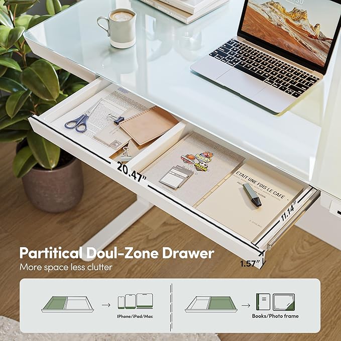 BANTI Electric Standing Desk with Drawers, 55 inch Whole-Piece Glass Desktop, Height Adjustable Stand up Sit Stand Home Office Ergonomic Workstation, White Tabletop