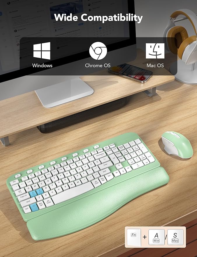 SABLUTE Wireless Keyboard and Mouse Combo, Ergonomic Wave Keys, Cushioned Plam Rest, Comfortable Silent Natural Typing, 2.4G Lag-Free, MA12 Full Size Keyboards Set for Multi-OS, Windows/Mac, Green