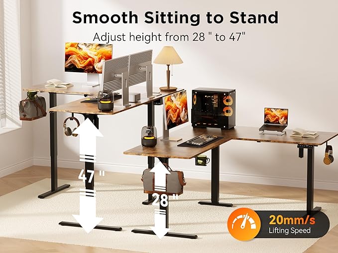 75x61 Inches Reversible L Shaped Standing Desk Height Adjustable with Cup Holder, Electric Corner Computer Workstation for Home Office, Ergonomic Sit Stand up Gaming Desk, Rustic Brown
