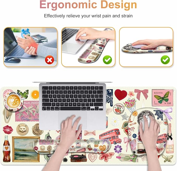 Beige Mouse Pad with Wrist Support 4 in1 Set, XXL Big Game Mousepad + Keyboard Wrist Rest + Mouse Wrist Rest Pad +Coaster Gaming Mat for Home Office Work Computer I Cute Design Stickers