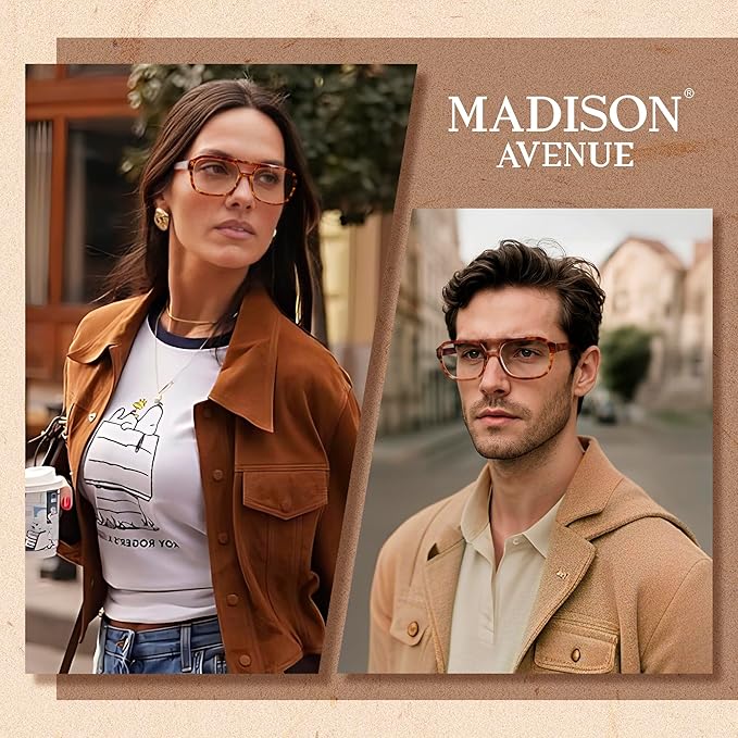Madison Avenue Retro Aviator Blue Light Blocking Glasses for Women Men with Case, Trendy Rectangle Computer Eyeglasses