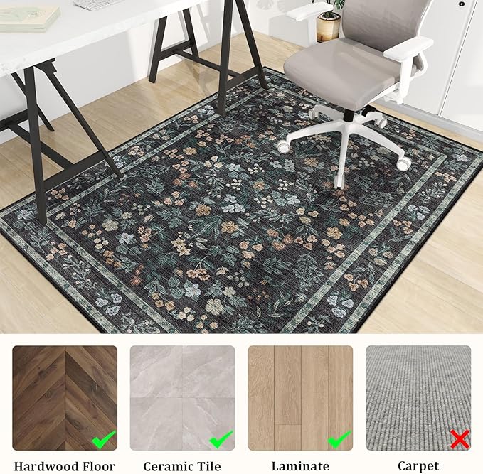 chakme Office Chair Mat for Hardwood Floor, 48"x36" Easy Glide Computer Desk Mat Protector for Rolling Chair Under Desk Rug Nonslip Backing, Machine Wash, (Floral)