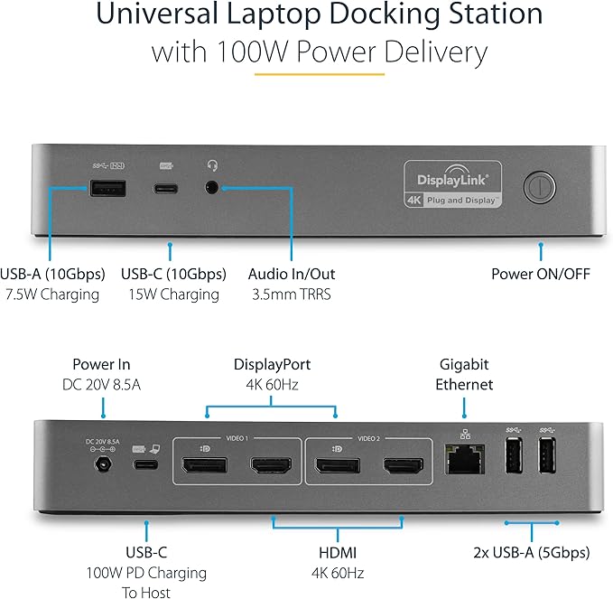 StarTech.com Universal Laptop Docking Station, Hybrid USB-C/USB-A Dock, Dual 4K DP/HDMI, 100W PD, Mac/Windows/Chrome OS, NIC