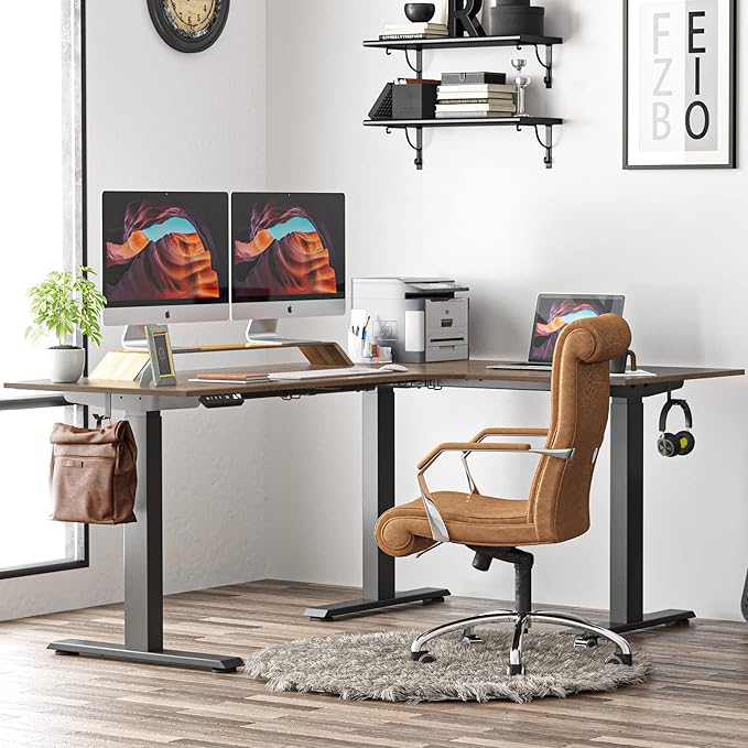 FEZIBO Triple Motor L-Shaped Electric Standing Desk, 63 Inches Height Adjustable Stand up Corner Desk, Sit Stand Workstation with Splice Board, Black Frame/Black Walnut Top