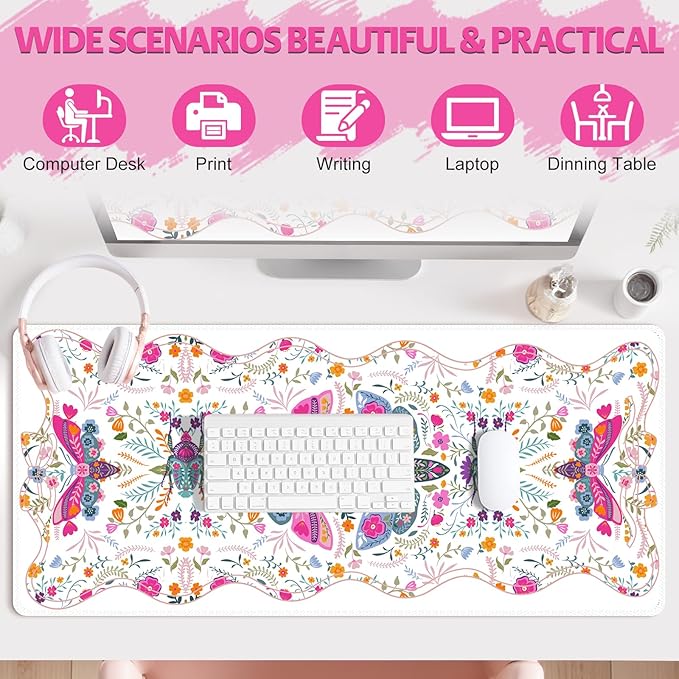Desk Mat for Keyboard and Mouse, Large Non-Slip Mouse Pad Keyboard Pad, Computer Mats for Desktop, Cute Desk Pad with Stitched Edges for Office, Gaming I Pure White Vibrant Florals
