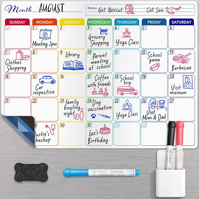 Whiteboard Calendar - 16x12 in - Magnetic Monthly Dry Erase Planner with Adhesive Back - Erasable Weekly Chore Chart with 3 Markers, Eraser, Holder - Ideal for Fridge or Wall Use - Yes4Quality