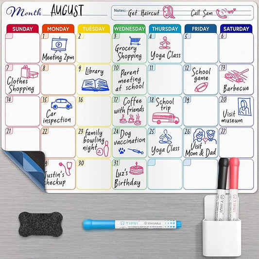 Whiteboard Calendar - 16x12 in - Magnetic Monthly Dry Erase Planner with Adhesive Back - Erasable Weekly Chore Chart with 3 Markers, Eraser, Holder - Ideal for Fridge or Wall Use - Yes4Quality