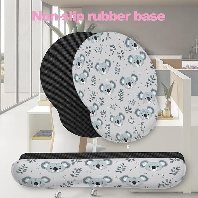 Cute Koala Eucalyptus Leaf Keyboard Wrist Rest Pad Mouse Pad Set,Ergonomic Mousepad Wrist Support Memory Foam Desk Pad for Gaming Office,Non-Slip Rubber Base Easy Typing for Home Office Computers