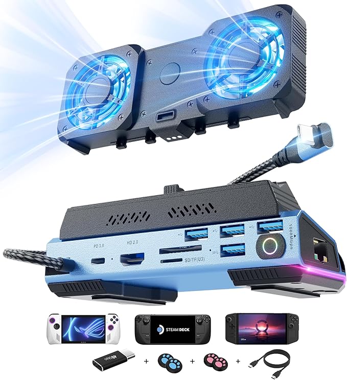 13 in 1 Steam Deck Docking Station with Dismantling Cool Fans M.2 NVMe Enclosure,4K@60Hz,1000Mbs Ethernet,SD/TF,4 USB A,100W PD Charging 40Gbps Adapter for Steam Deck/Rog Ally/Switch/Legion Go