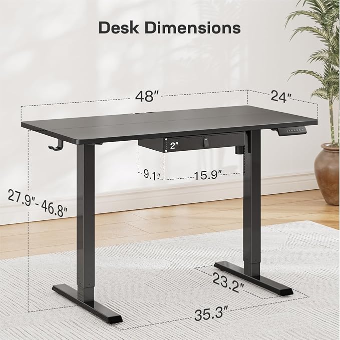 Marsail 48x24 Electric Standing Desk with Drawer, Computer Desk, Sit Stand Office Table with Storage & Hooks & Cable Management, Ergonomic Height Adjustable Table for Home Office, Black