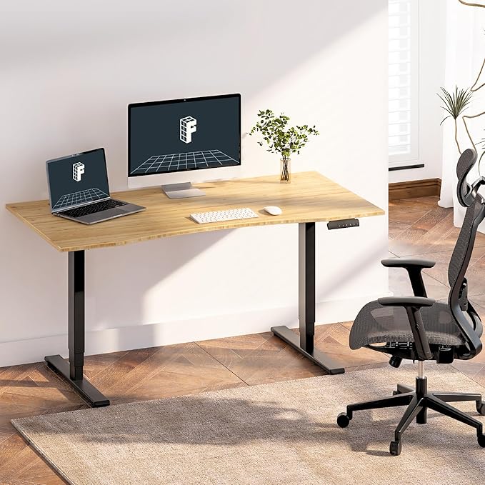 FlexiSpot E6 Bamboo 3-Stage Dual Motor Electric Standing Desk 55 x 28 Sit Stand Up Desk, Holds 220 lbs, Adjustable Height w/ Memory Presets, Solid Bamboo Curved Desktop & Black Frame, Ships in 2 Boxes