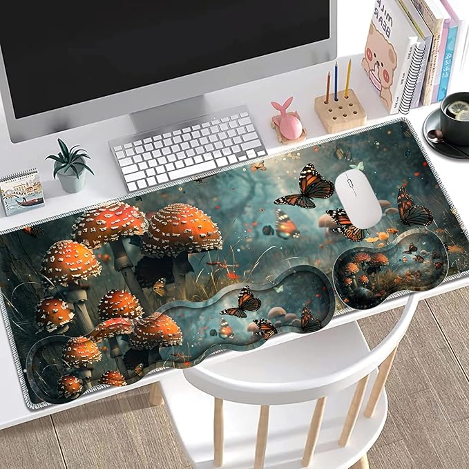 Large Gaming Mouse Pad + Keyboard Wrist Rest + Wrist Support + Coaster Set, Memory Foam Ergonomic for Easy Typing, XXL Extended Gaming Mouse Pad Table Pad - Mushroom Forest Butterfly