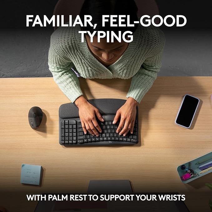Logitech Wave Keys & Lift Vertical Mouse - Ergonomic Bundle — Wireless Keyboard with Cushioned Palm Rest & Vertical Wireless Mouse - Easy-Switch, Bluetooth, for Multi-OS, Windows/Mac - Graphite