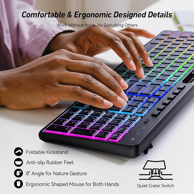 Wireless Keyboard and Mouse Combo with Backlit,2.4Ghz Rechargeable Light Up Keyboard Mouse with Phone Tablet Holder,11 Shortcut Keys,Silent 22 RGB Backlit Mouse,Quiet Click for Computer,PC,Mac,Windows