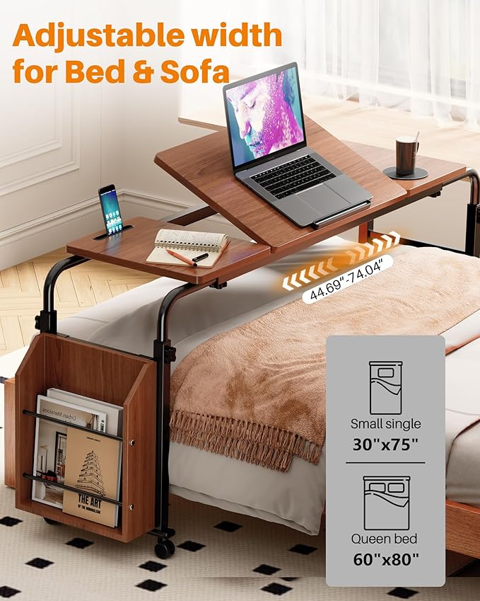 Laptop Desk for Bed,6-Angle Adjustable Overbed Table with Wheels,Adjustable Height and Length Bed Table for Laptop with Side Bookshelf,Standing Desk,Over Bed Desk for Working Hospital Home (Oaken)