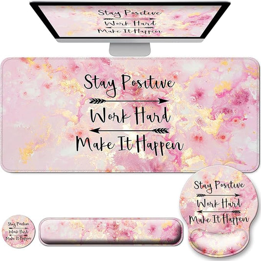 Large Mouse Pad and Keyboard Wrist Rest + Desk Mat Set,Full Long Mouse Pads for Desk Accessories with Memory Foam Gel Pink Mousepad for Women Computer Desktop Office Work-Pink & Black Slogan