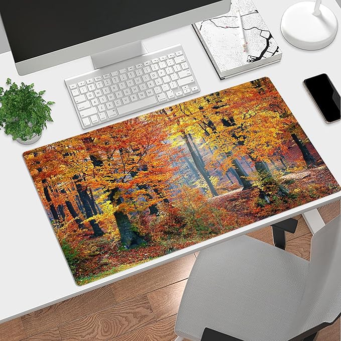 HVEST Fall Forest Gaming Mouse Pad, Autumn Nature Landscape Desk Mat XL, Orange Large Keyboard and Mouse Pad with Non-Slip Rubber Base and Stitched Edge for Game, Office, Home 31.5'' x 15.7''