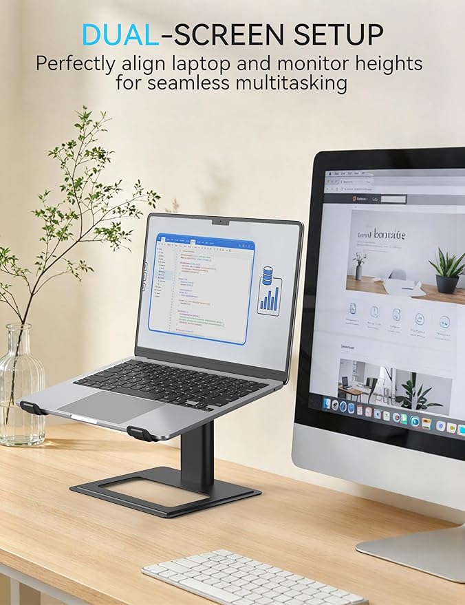 SOUNDANCE Adjustable Laptop Stand, Ergonomic Aluminum Riser for 10-17.3” Notebooks, Ventilated Metal Holder with Height Alignment for Desk Workspace, Black