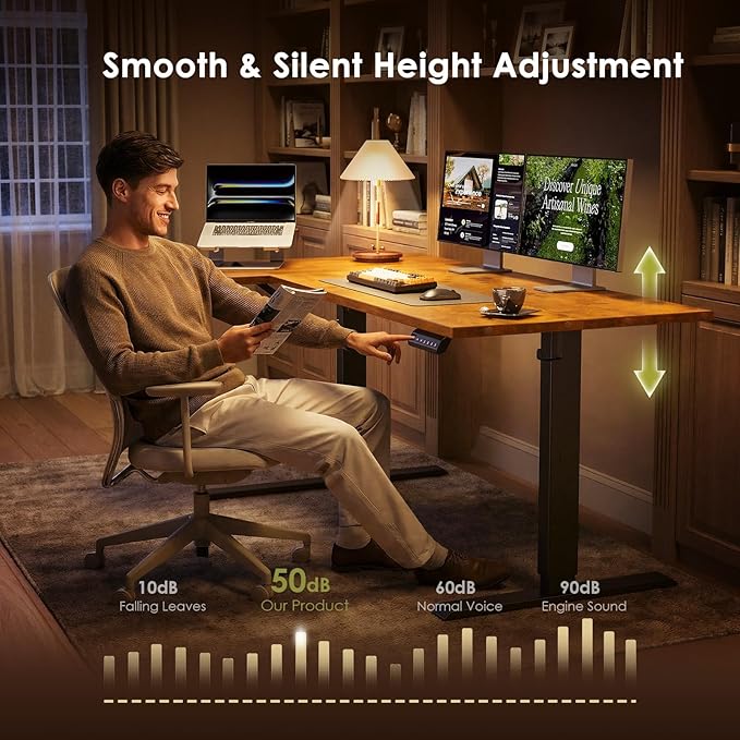 OffiGo Electric L Shaped Standing Desk, 55 Inches Height Adjustable Table, Reversiable Corner Stand Up Desk, Lifting Computer Table for Home Office, Computer Workstation, Rustic Brown