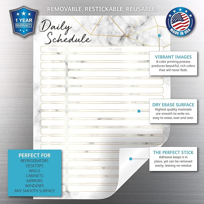 Dry Erase Daily Schedule Planner Sticker Decal by Glassboard Studio | Removable & Reusable | Magnetic Fine-Tip Marker Included (9 x 12 inches, Marble)