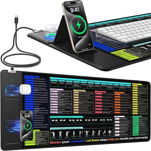 Mouse Pad with Foldable Phone Holder, Wireless Charging Desk Mat with Excel/Word/PowerPoint/Windows Shortcut Keys, 31.5"x15.8" Large Mousepad, XXL Desk Pad with Non-Slip, Waterproof