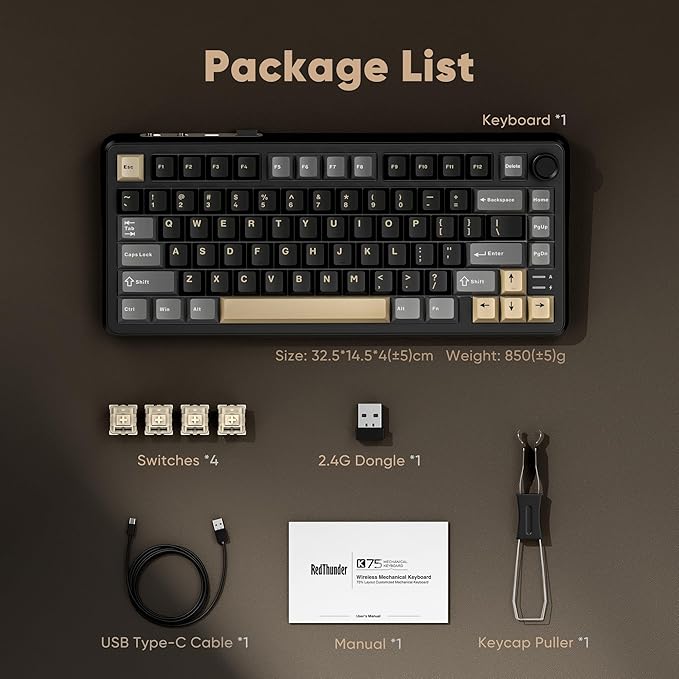 RedThunder K75 Wireless Mechanical Keyboard, CNC Knob, Tri-Mode BT5.0/2.4GHz/USB-C Hot Swappable Custom, Pre-lubed Linear Coconut Switches, Gasket Structure, RGB Gaming Keyboard, Black-Gold