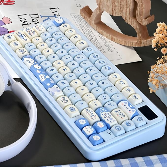 PBT Keycaps - Cute Keycaps Blue White 60 65 75 100 Percent, Kawaii Anime Cat Key caps Custom 130 Keys, MOA Profile for 61/68/84/87/98/100 Cherry Gateron MX Mechanical