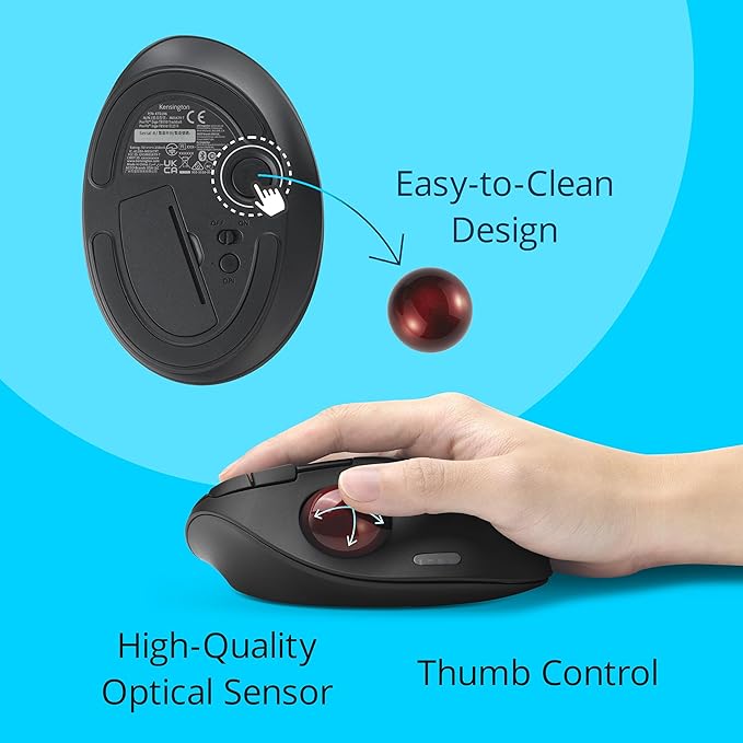 Kensington TB450A Wireless Trackball Mouse, Bluetooth LE & 2.4GHz Connection, 4 DPI Options, Connect up to 3 Devices (K72174WW), Black-Red