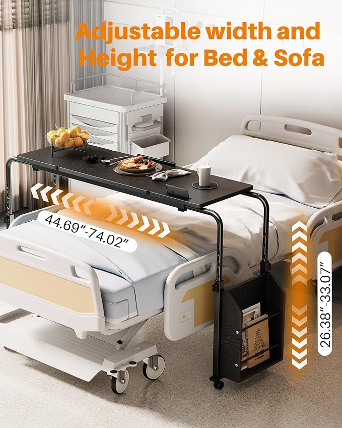 Laptop Desk for Bed,6-Angle Adjustable Overbed Table with Wheels,Adjustable Height and Length Bed Table for Laptop with Side Bookshelf,Standing Desk,Over Bed Desk for Working Hospital Home (Black)