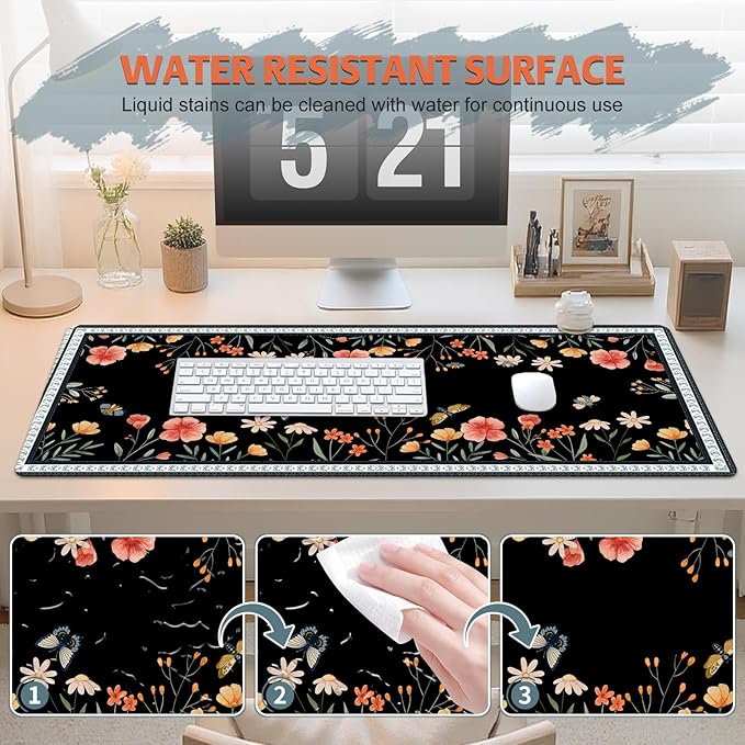 Desk Pad for Keyboard and Mouse, Large Mouse Pad for Desk, Non-Slip Keyboard Mat, Computer Mats for Desk, Cute Desk Pad with Stitched Edges for Office, Gaming I Black Butterflies Flowers