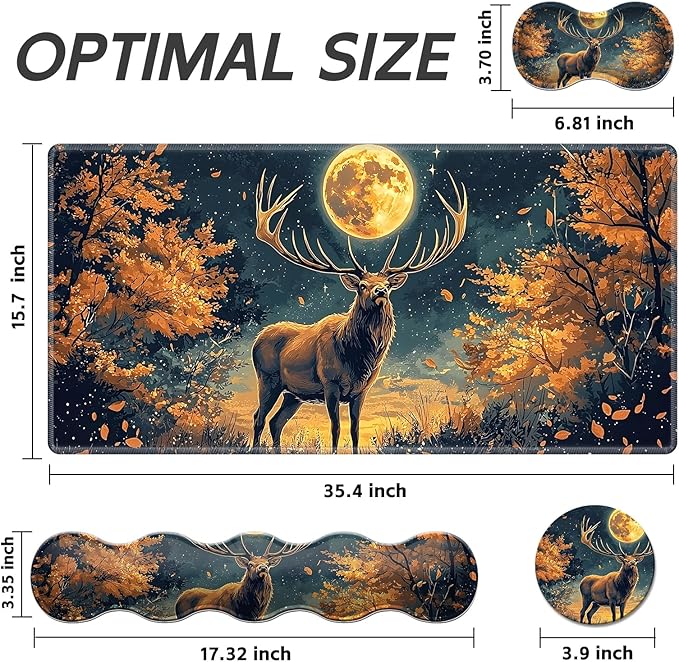 Gaming Mouse Pad Set, Moon Forest Elk Large Desk Mat Mousepad, Keyboard Wrist Support, Mouse Wrist Rest, Coaster 4in1 Ergonomic Memory Foam, Non-Slip Stitched Edge for Home Office