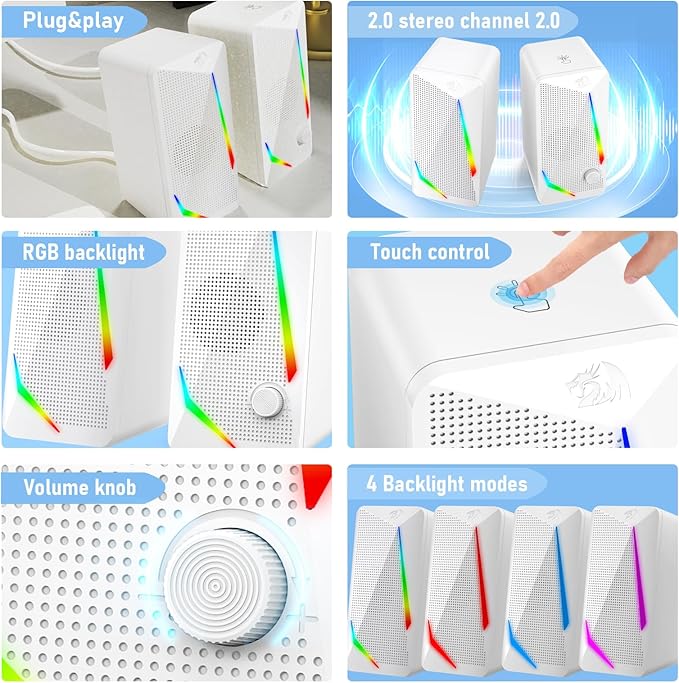 Redragon GS510 RGB Desktop Speakers, 2.0 Channel PC Computer Speaker with 4 Colorful LED Backlight Modes, Enhanced Bass and Easy-Access Volume Control, USB Powered w/ 3.5mm Cable, White