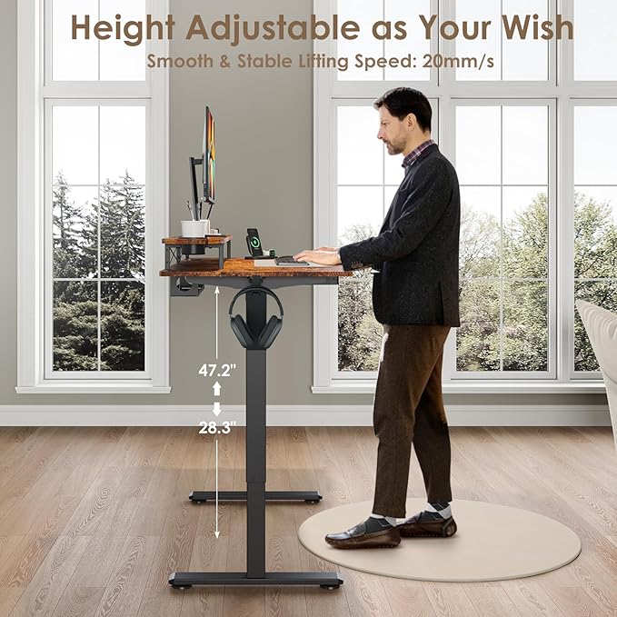 Standing Desk with Drawers and Cup Holder, Stand Up Adjustable Standing Desk, 48x24 Inch Electric Sit Stand Computer Desk with Splice Board for Home Office